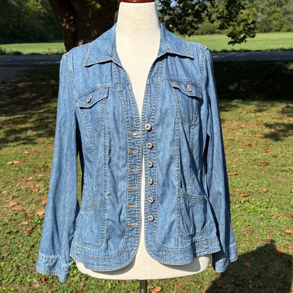 Christopher & Banks Women Blue Denim Button Front Shirt Jacket Size L Cotton Y2K